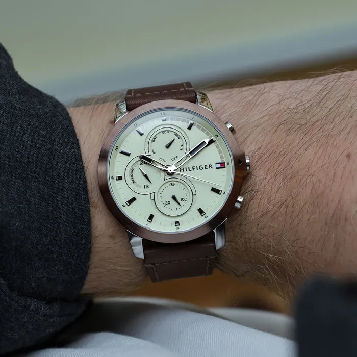 Tommy Hilfiger Men's Multifunction Stainless Steel Brown Leather Strap Men's Watch - 1792053